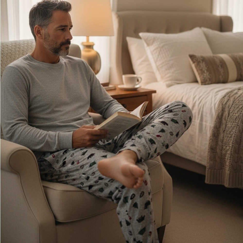 Cozy Lounge Pajama Pants Grey Print Relaxed Fit Drawstring - Picture 2 of 5